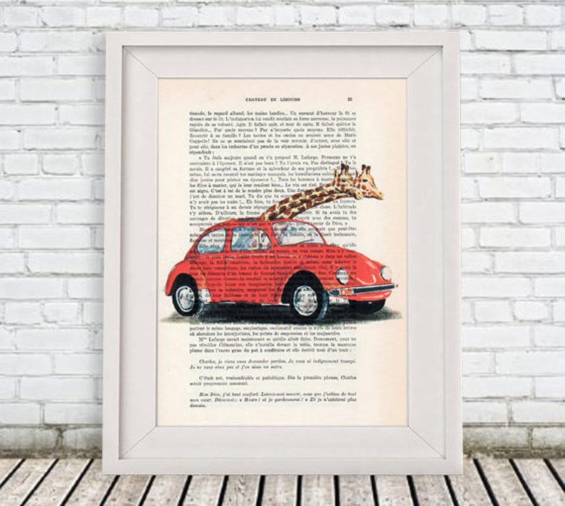 Giraffes in car, giraffe Print, Giraffes in vw, Wall Art Prints, Giraffe Art Print, Giraffe Decor, Christmast Gift, Wall Hanging, volkswagen image 3