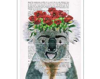 Koala Frida Kahlo, original fox print on vintage paper for wall decoration or birthday gift.