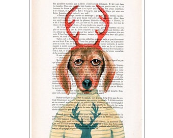 Dachshund portrait, Christmas gift, holiday gift, Deer Dachshund, Dachshund art, Dachshund painting,dog art, funny dog, Dachshund lovers