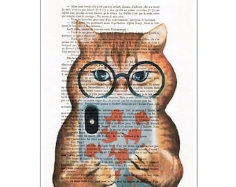 Instagram Cat artwork printed on real vintage paper from the twenties, original idea for cat lovers, wall decoration or birthday gift.