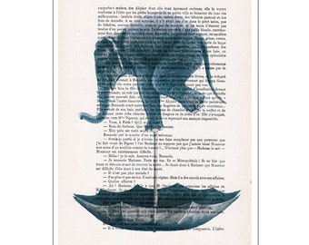 Elephant in balance print, original elephant artwork on vintage paper artwork for wall decoration or birthday gift