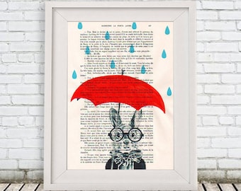 Kitsch Rabbit Painting, Bunny Painting, Hare Painting, Alice in Wonderland, Rainy Rabbit, Bunny Drawing painting acrylic digital Giclee Art