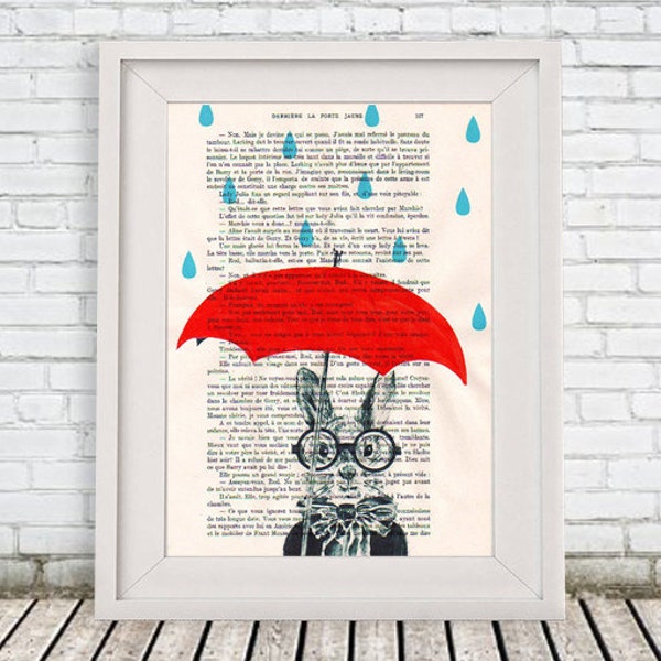 Kitsch Rabbit Painting, Bunny Painting, Hare Painting, Alice in Wonderland, Rainy Rabbit, Bunny Drawing painting acrylic digital Giclee Art