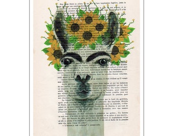 Frida Kahlo Llama, original rabbit print on vintage paper for wall decoration or birthday gift.