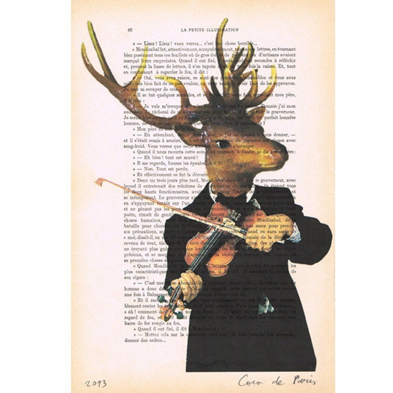 Deer violonist: original illustration wall art wall decor Mixed Media Digital Illustration Print Art Poster Acrylic Painting Drawing image 1