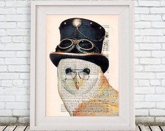 Burlesque Owl Art Print, Bird with a Hat, Steampunk Owl, Human Animal, Wall Art Prints, Burlesque Wall Art, Burlesque Christmas Gift