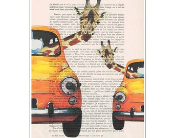 Girafes dans une voiture,  Imprimion d’art, peinture animaux, décoration animaux, cadeau d’art, imprimée vintage, abordable,cadeau de noel