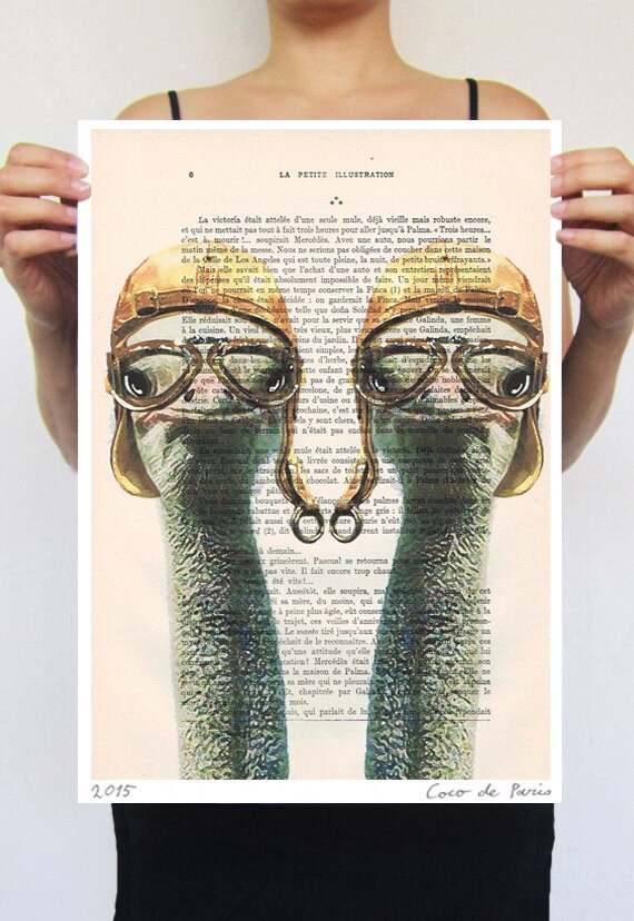 Ostrich Poster, Vintage ostrich, Pilot Ostrich, digital print POSTER 11x16, by Coco de Paris