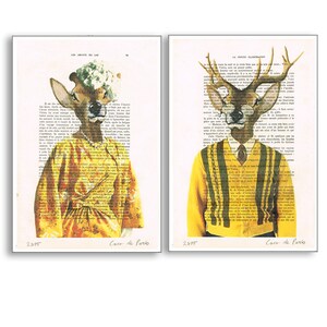 Lady and Mister Deer Print, Vintage Deers Print, Antler, A4 Size, Yellow, Gift for Her Him, Deer Wall Art, Original Artwork, Deer Art
