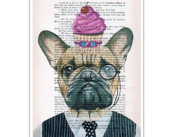 French Bulldog with cupcake,original frenchie artwork from Coco de Paris