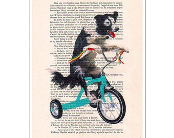 Border Collie Art Print, Dog on Bicycle, Circus Dog Art, Recycled French Vintage Paper, 8x10, for kids, blue, Original Artwork, Acrylic Art