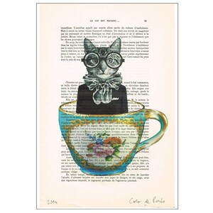 Katze Digitaldruck Poster Zeichnung Illustration Giclee Mixed Media Kunst Acrylmalerei Urlaub Coco de Paris Dekor Geschenke: Katze in der Tasse