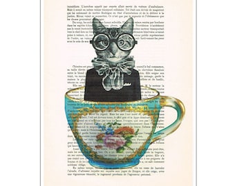 Cat Digital Print Poster Drawing Illustration Giclee Mixed Media Art Acrylic Painting Holiday Coco de Paris Decor Gifts: Cat in a cup