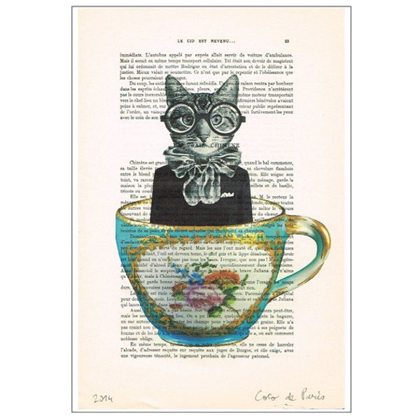 Chat dans une tasse, Imprimée d’art, peinture animaux, décoration animaux, cadeau d’art, imprimée vintage, abordable