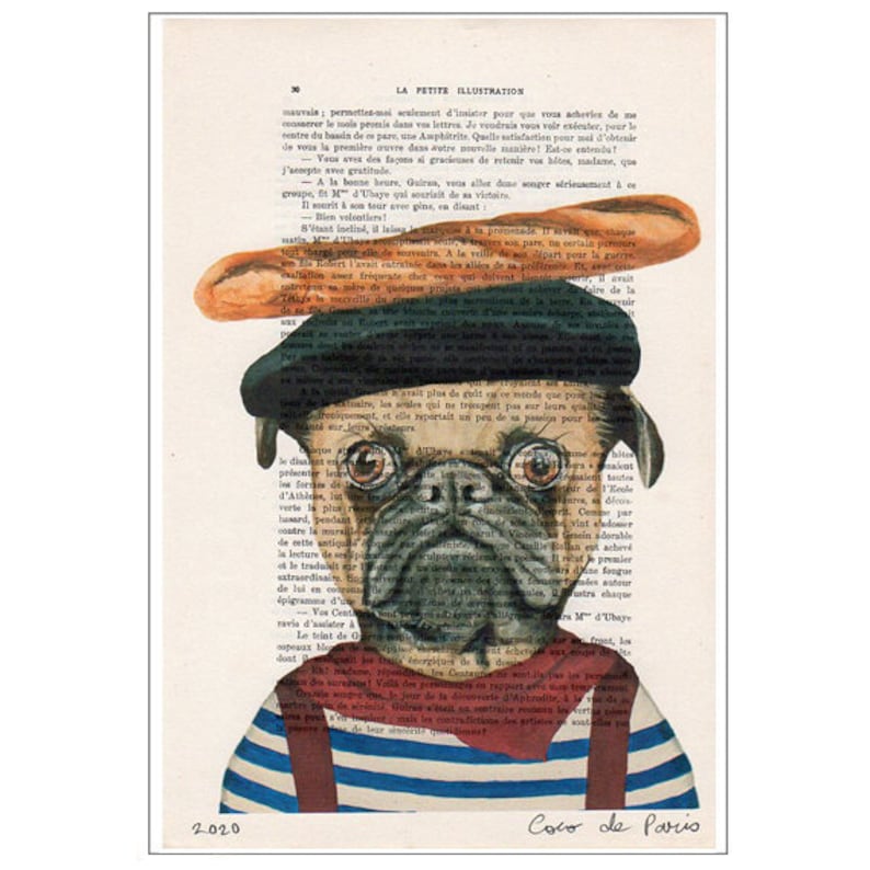 Carlin français avec baguette, Imprimée dart, peinture animaux, décoration animaux, cadeau dart, imprimée vintage, abordable image 1