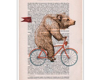 Ours en vélo,  Imprimée d’art, peinture animaux, décoration animaux, cadeau d’art, imprimée vintage, abordable