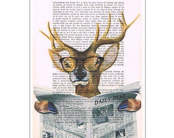 Drawing Illustration Giclee Prints Posters Mixed Media Art Acrylic Painting Holiday Decor Gifts, Deer reading newspaper