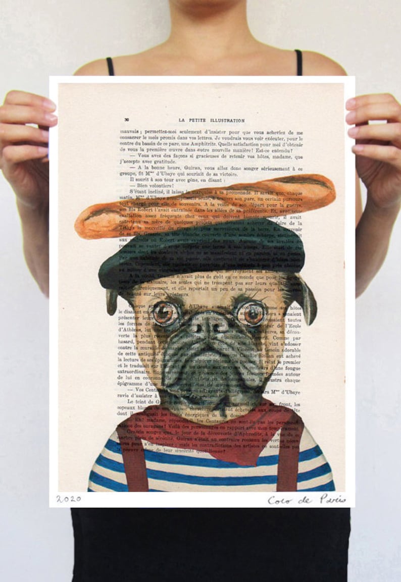 Carlin français avec baguette, Imprimée dart, peinture animaux, décoration animaux, cadeau dart, imprimée vintage, abordable image 2