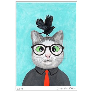 Cat with craw, cat art, cat painting, craw print, cat with bird,kitty art, art print,human animal, animal design, affortable art, cat art image 3
