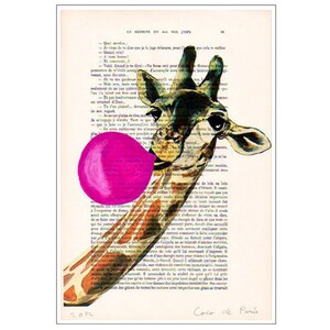 Impression de girafe fantastique, animal avec chewing-gum, tout joyeux, toujours heureux, joie, paix et amour, cadeau pour elle, vert, impressions d'art murales image 2