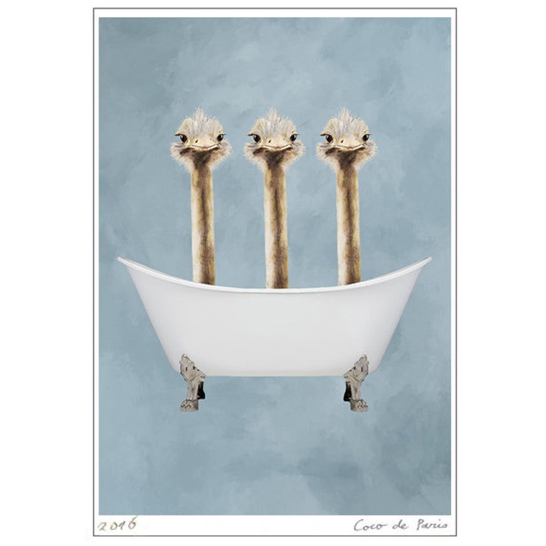 ostriches in bathtub, ostrich artwork, funny ostrich, ostrich print, print,human animal,animal design,affortable art, coco de paris image 3