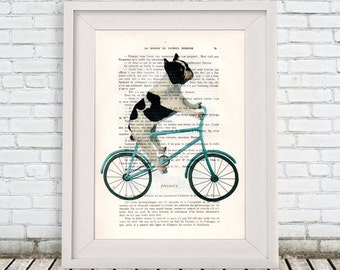 Buldog na rowerze, wydruk artystyczny z buldogiem francuskim, ilustracja z buldogiem francuskim, wydruk z buldogiem francuskim, boston terrier, plakat z buldogiem francuskim, sztuka z buldogiem, coco de paris