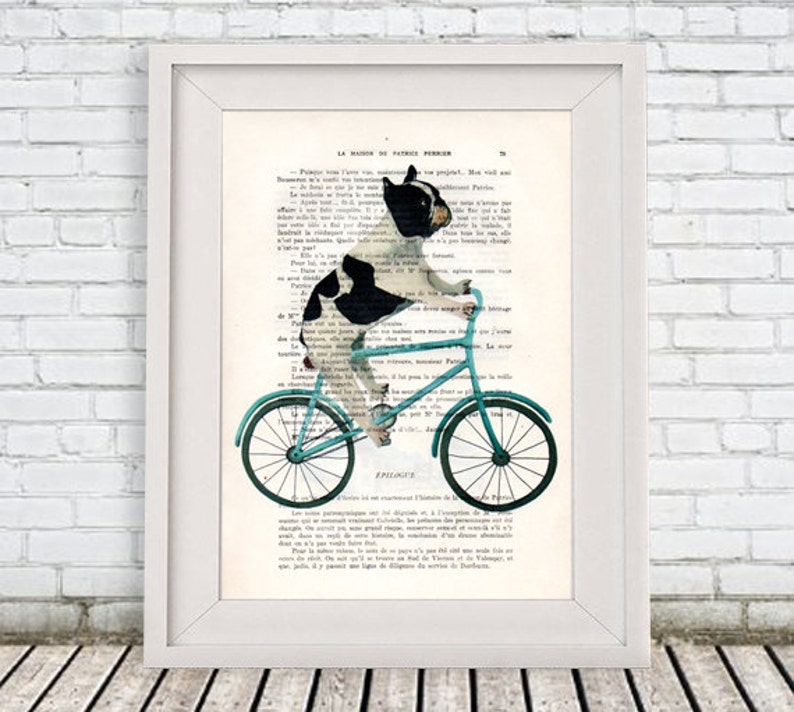 Bulldog on bicycle, frenchie art print, bulldog illustration, frenchie print, boston terrier, frenchie poster, bulldog art, coco de paris image 1