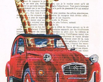 Peintures acryliques Illustration Impressions originales Dessin Giclée d'affiches Techniques mixtes Art Décoration des fêtes Cadeaux : 2 girafes dans une voiture