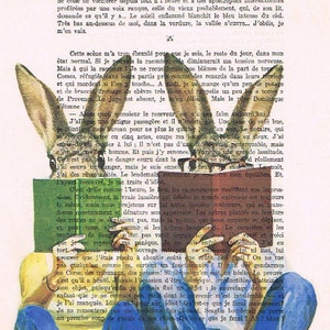 Rabbit Bunny Print Illustration Drawing, Digital Painting, wedding gift, Alice in Wonderland, book art, by Coco de Paris: Reading Rabbits image 3