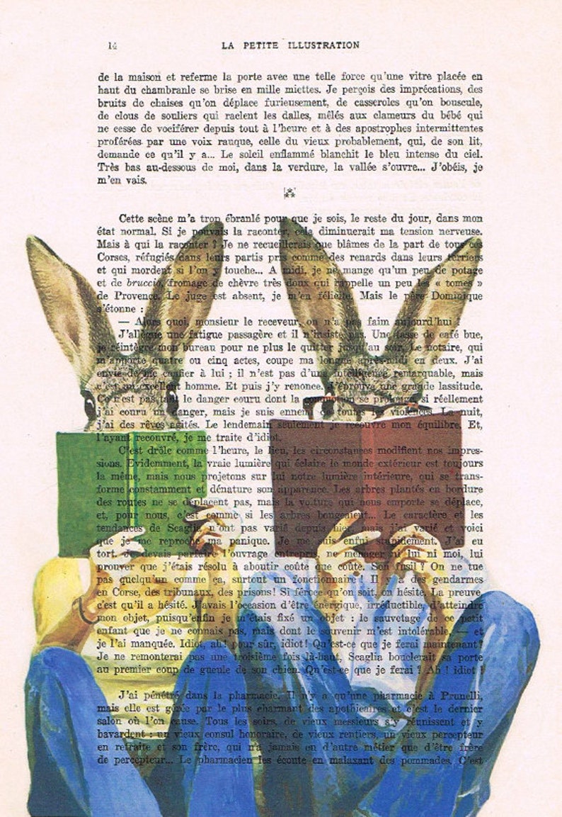 Rabbit Bunny Print Illustration Drawing, Digital Painting, wedding gift, Alice in Wonderland, book art, by Coco de Paris: Reading Rabbits image 3