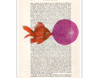 Poisson rouge avec gateau, Imprimée d’art, peinture animaux, décoration animaux, cadeau d’art, imprimée vintage, abordable