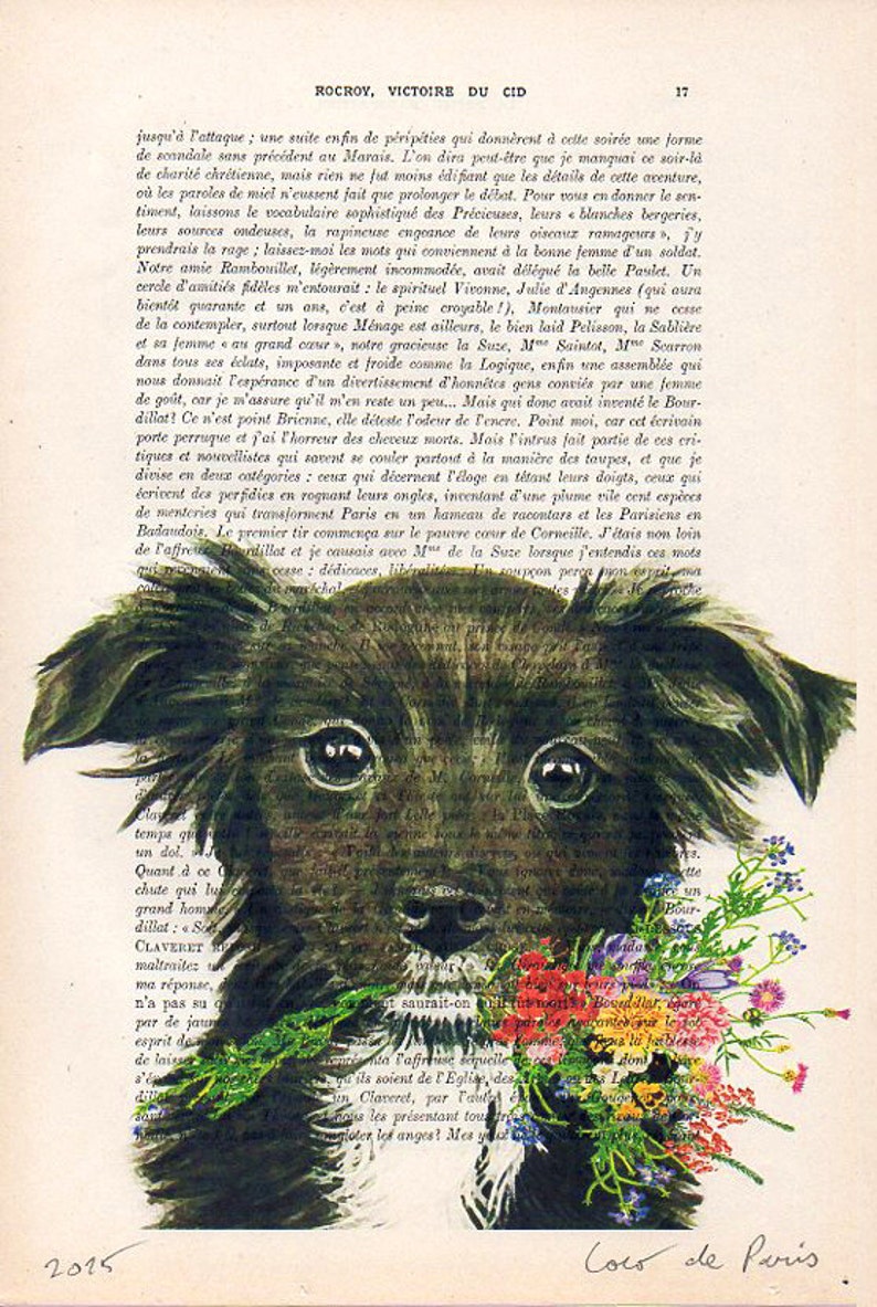 Doggy with flowers, Drawing, Dog Illustration, dog print, dog poster, mixed media, dog painting, wall hanging, Valentines, Christmas gift image 3