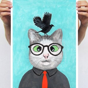 Cat with craw, cat art, cat painting, craw print, cat with bird,kitty art, art print,human animal, animal design, affortable art, cat art image 4