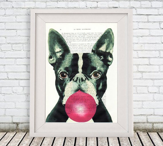 Boston Terrier artwork,bubblegum, book print, animal portrait, human animal, frenchie, wall art wall decor Wall hanging, Coco de Paris