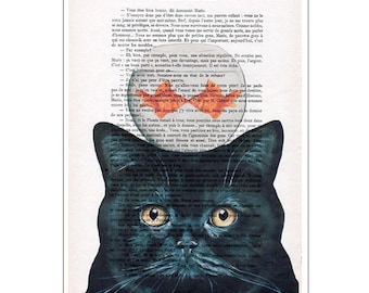 Cat with fish bowl printed on real vintage paper from the twenties, original idea for cat lovers, wall decoration or birthday gift.