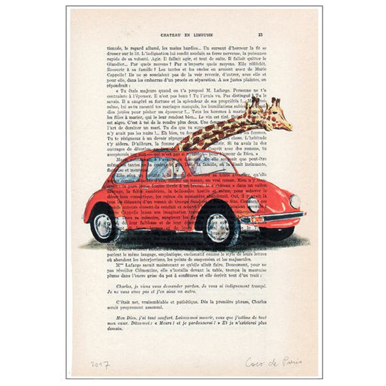 Giraffes in car, giraffe Print, Giraffes in vw, Wall Art Prints, Giraffe Art Print, Giraffe Decor, Christmast Gift, Wall Hanging, volkswagen image 2