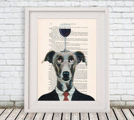 Greyhound Poster: Art Poster Digital Art Original Illustration Giclee, Greyhound Print, Wall Decor Animal Painting,Greyhound with wineglass