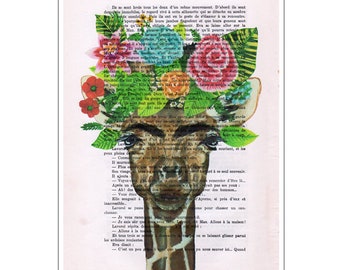 Frida Kahlo giraffe, original zebra print on vintage paper for wall decoration or birthday gift.