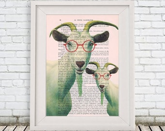 Two clever goats with spectacles, Animal Painting, Decorative Art, Goat Print, Goat Painting, Kids Room, Bubblegum, Goat Poster