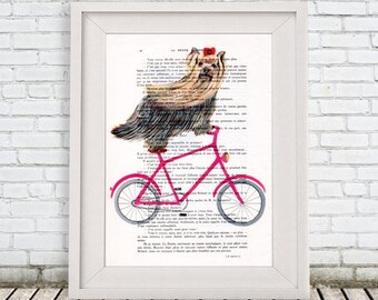 Yorkshire Print, Yorkshire Poster, Yorkshire Illustration Painting Animal Portrait  Decor Wall Hanging Wall Art Drawing,Yorkshire on Bicycle