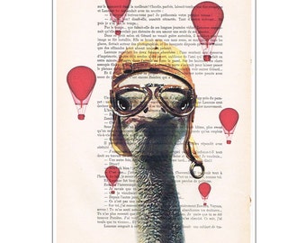 Ostrich with airballoons, art print ostriches on antique book page or music page dictionary bird print