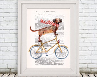 Doggy Print, Cycling Dog, Poster IllustrationMerry Everything,Happy Always,Joy Peace and Love, Wall Hanging Wall Art Drawing, Dog on Bicycle