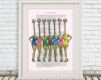 Retro Ostrich Print, Ostrich in Retro Swimsuits, Vogue Print, Fashion Artwork, Topmodel Prints, Gift for Her, Wall Art Prints, Elle