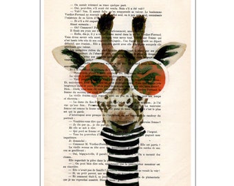 Stripy Giraffe, fashion giraffe, sunglasses, Art print, original giraffe on vintage paper artwork for wall decoration or birthday gift.