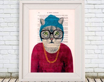 Cat Digital Print Poster Drawing Illustration Giclee Mixed Media Art Acrylic Painting Holiday Coco de Paris Decor Gifts: Rapper Cat