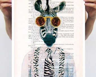 Zebra with sunglasses, Zebra Print, illustration digital portrait painting mixed media Animal wall art wall decor wall hanging drawing