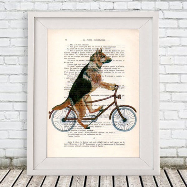 German Shephard Print, Cycling Dog, Poster Illustration Painting Animal Portrait  Decor Wall Hanging Wall Art Drawing, Dog on Bicycle