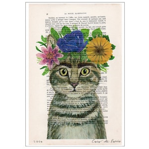 Gatto di Frida Kahlo, stampa originale di un coniglio su carta vintage, ideale come decorazione murale o come regalo di compleanno.