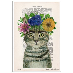 Frida Kahlo Cat, original rabbit print on vintage paper for wall decoration or birthday gift. image 1