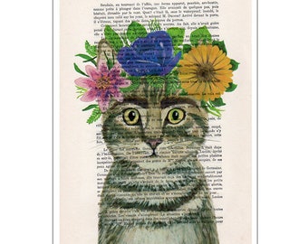 Frida Kahlo Cat, original rabbit print on vintage paper for wall decoration or birthday gift.